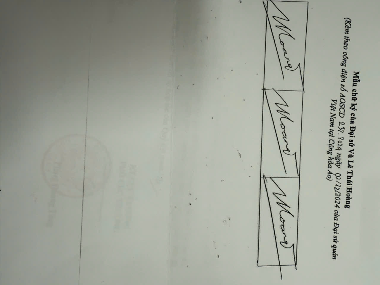 Thông báo chữ ký lãnh sự của đồng chí Vũ Lê Thái Hoàng, Đại sứ đặc mệnh toàn quyền nước Cộng hoà xã hội chủ nghĩa Việt Nam tại Cộng hoà Áo.